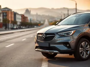 Opel Grandland X na miejskiej ulicy z widokiem na otwartą drogę w tle, podkreślający uniwersalny charakter auta.