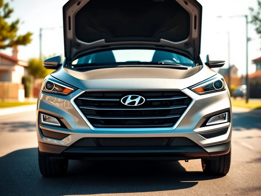 Hyundai Tucson z lekko otwartą maską na słonecznej ulicy, podkreślający przód auta i charakter silnika.