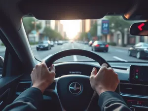 Kierowca prowadzi Audi z włączonymi ikonami systemów bezpieczeństwa, podkreślając działanie systemu Audi pre sense.