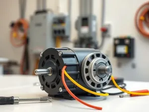 Trójfazowy silnik elektryczny na stole warsztatowym z widocznymi przewodami i narzędziami do podłączenia krok po kroku.