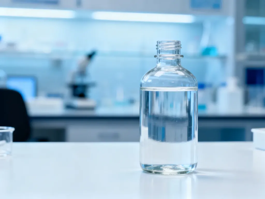 Przezroczysta butelka z alkoholem izopropylowym na białym tle, utrzymana w sterylnej, laboratoryjnej stylistyce.