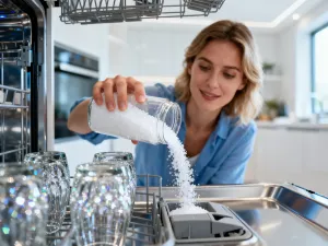 Mężczyzna szoruje szczotką plamę z oleju na kostce brukowej przy użyciu wody z detergentem.